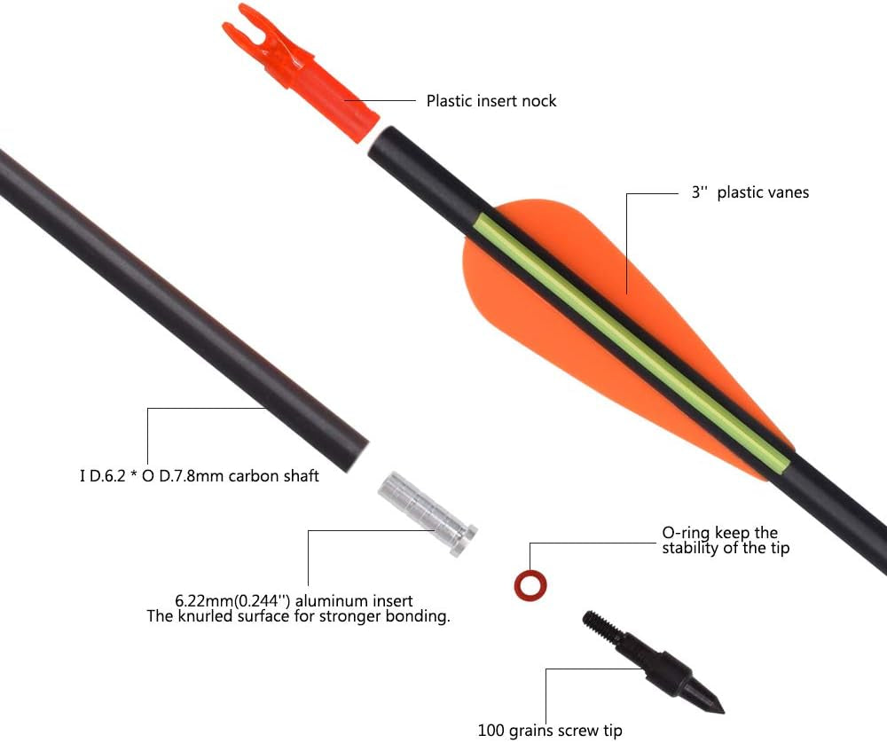 Carbon Arrow Hunting Arrows with 100 Grain Tip and Removable Tips for Archery Compound & Recurve & Traditional Bow Practice Shooting Targeting