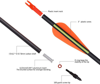 Carbon Arrow Hunting Arrows with 100 Grain Tip and Removable Tips for Archery Compound & Recurve & Traditional Bow Practice Shooting Targeting