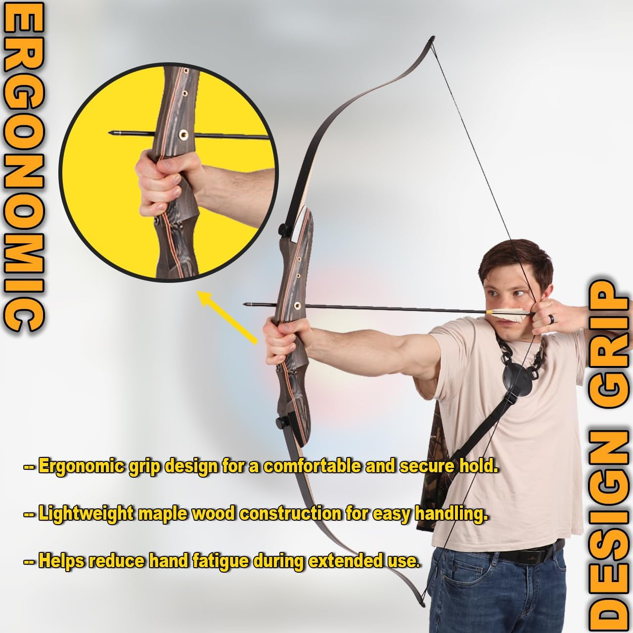 Recurved Wooden Takedown Archery Bow 62" Hunting Bow - Arrows Quiver Bag and Bow Stringer Tool Included - Right & Left-Handed 25-55 LBS Draw Weight