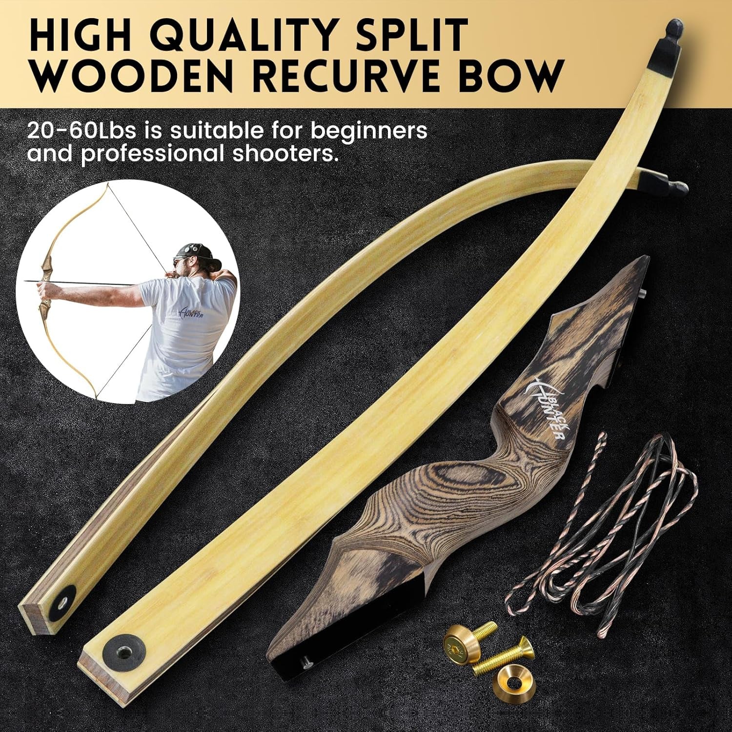 Black Hunter Recurve Bow 60 Inch 20-60 Lbs Takedown Bow Right Hand Hunting Bow and Arrow Set with Bow String Silencers Archery Bow for Adults Hunting Target Practice