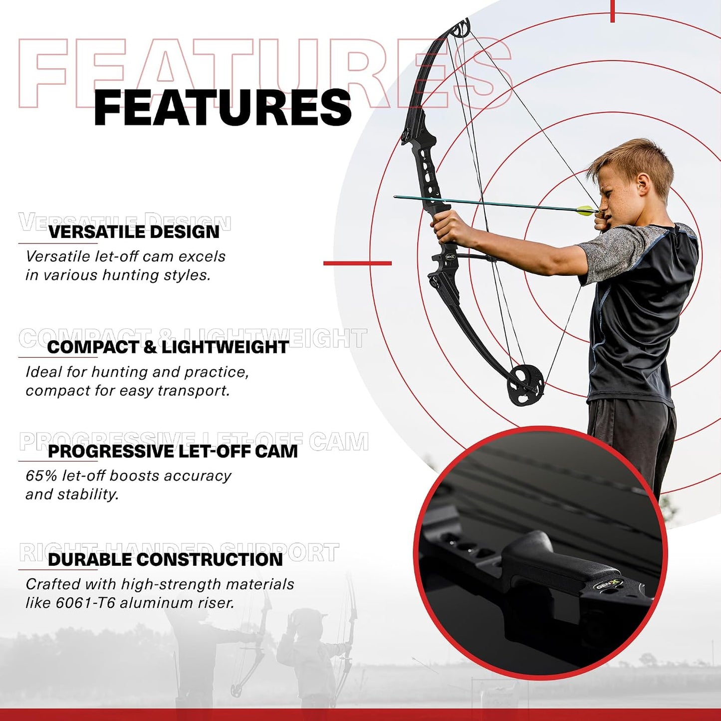 Gen-X Lightweight Compound Bow, Archery Hunting Bow for Adults W/Adjustable Riser, Cam Draw Weight, & Length, Draw Hand - Right, Black