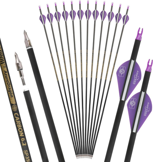 30" Pure Carbon Arrows Archery Practice Hunting Arrows Spine 300 350 400 500 600 with Removable Tips Targeting Arrows for Compound & Recurve & Long Bow 6/12Pcs