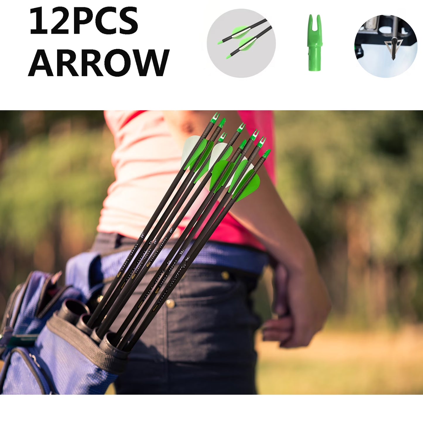 Carbon Arrow 29 Inch 12-Pack Hunting Arrows Spine 400 for 30-65Lb Bows Archery Compound & Recurve & Traditional Bow, Green