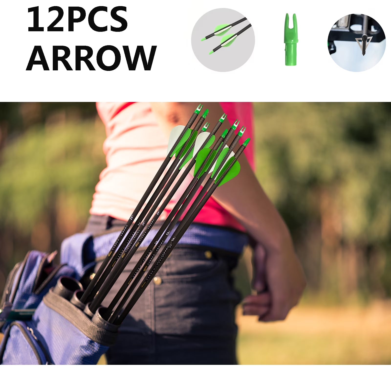 Carbon Arrow 29 Inch 12-Pack Hunting Arrows Spine 400 for 30-65Lb Bows Archery Compound & Recurve & Traditional Bow, Green
