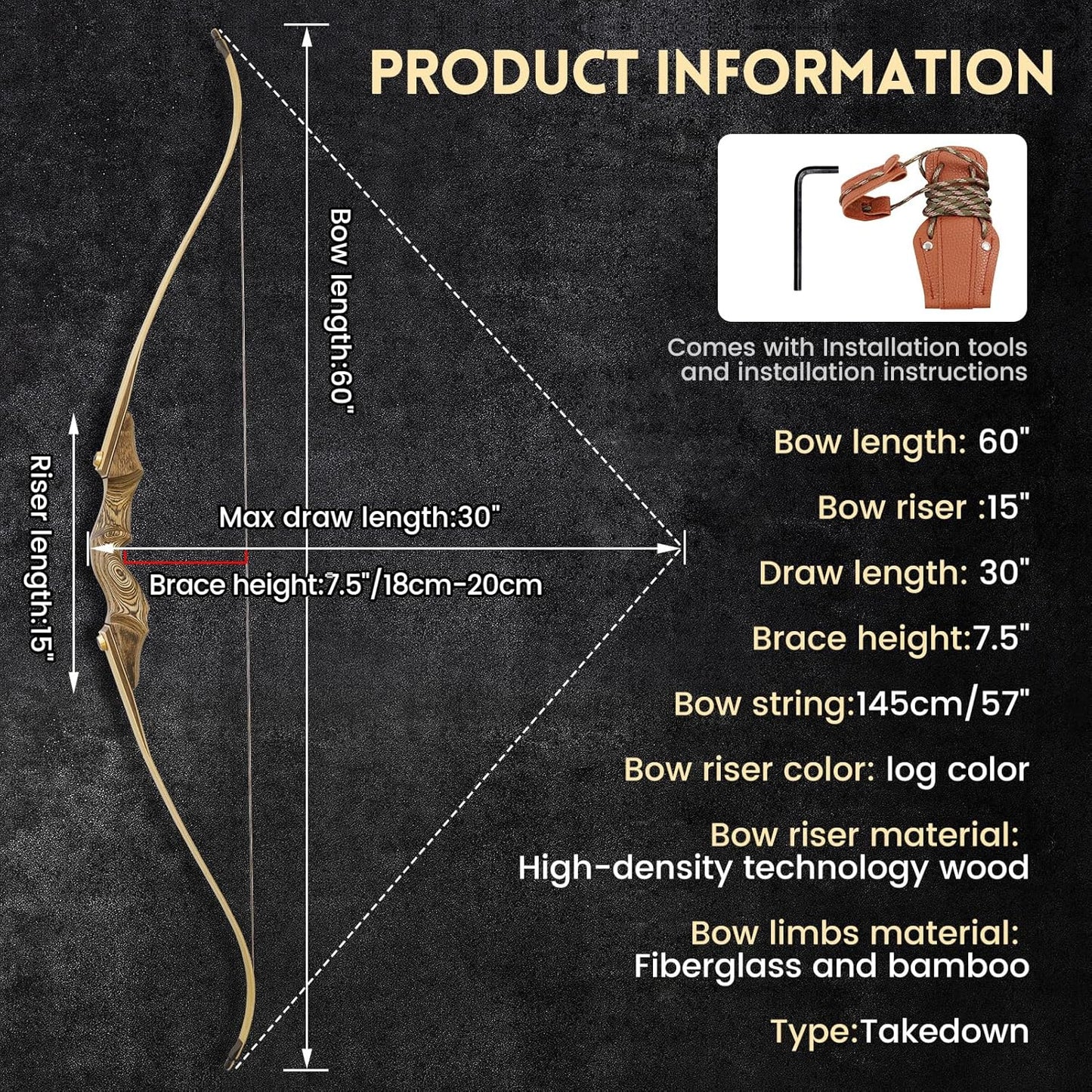 Black Hunter Recurve Bow 60 Inch 20-60 Lbs Takedown Bow Right Hand Hunting Bow and Arrow Set with Bow String Silencers Archery Bow for Adults Hunting Target Practice