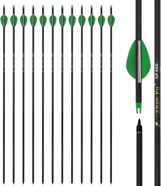 Carbon Arrow 29 Inch 12-Pack Hunting Arrows Spine 400 for 30-65Lb Bows Archery Compound & Recurve & Traditional Bow, Green
