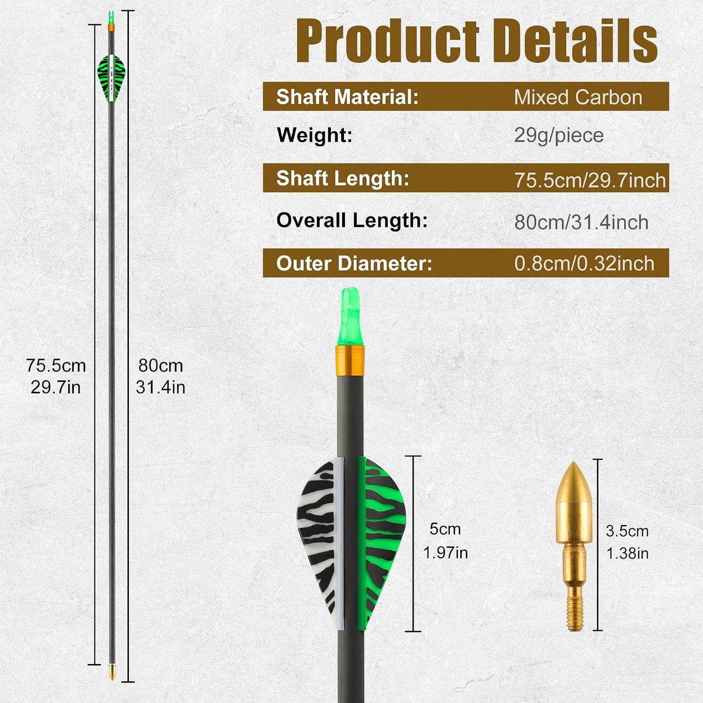Carbon Arrows 31In for Hunting & Target Practice 350 Spine, 12 Pack with Removable Tips, Compatible with Compound & Recurve Bows‌