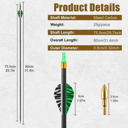 Carbon Arrows 31In for Hunting & Target Practice 350 Spine, 12 Pack with Removable Tips, Compatible with Compound & Recurve Bows‌