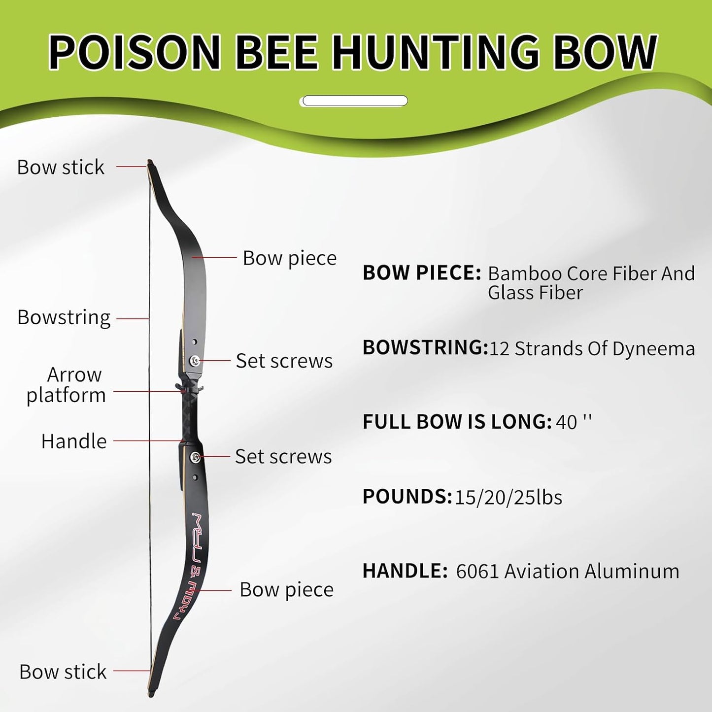 Poison Bee Hunting Bow. 40 '' Traditional Bow Is Designed for Teenagers to Train in Archery and Prepare for Archery Hunting15~25Lb