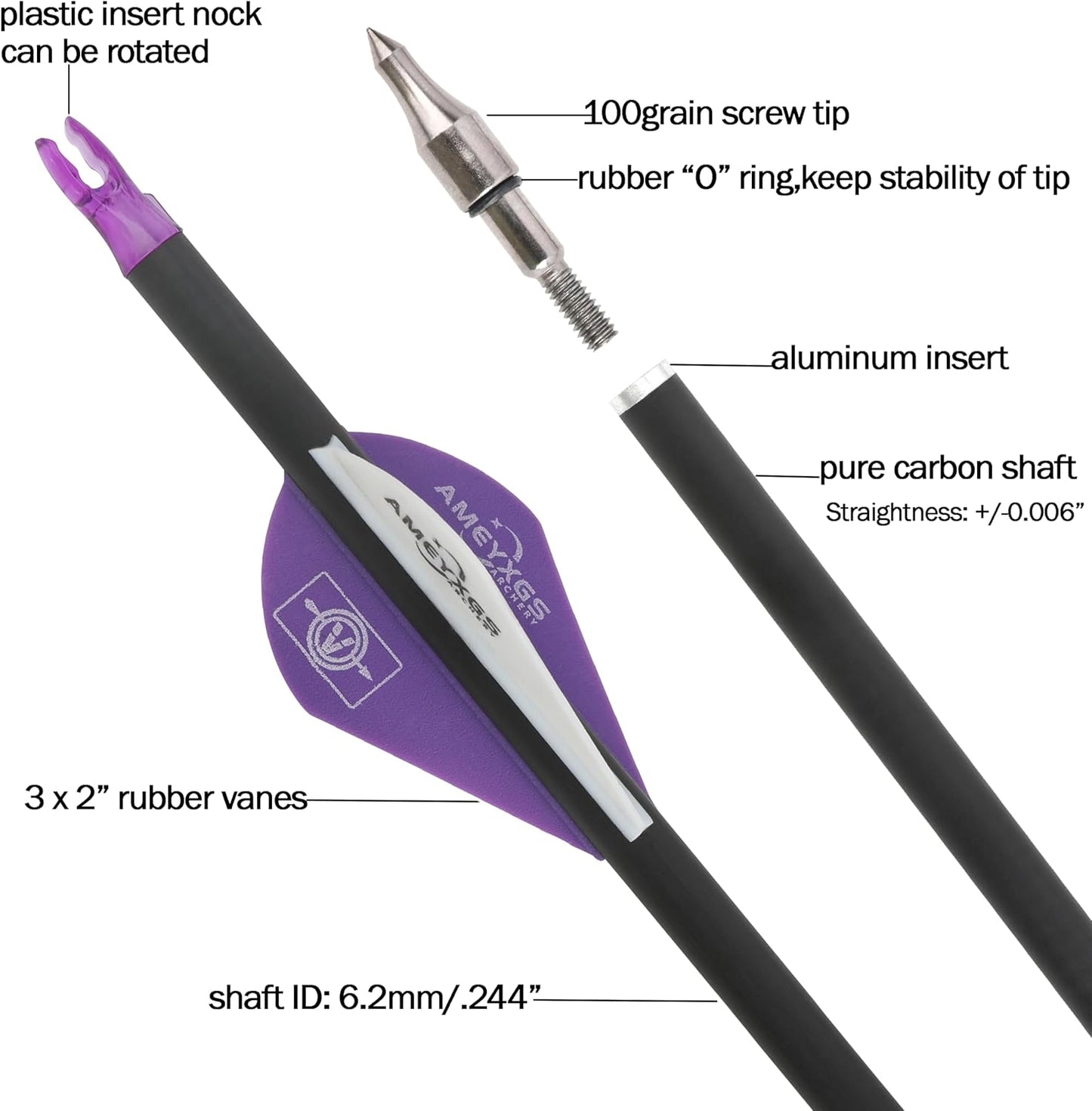 30" Pure Carbon Arrows Archery Practice Hunting Arrows Spine 300 350 400 500 600 with Removable Tips Targeting Arrows for Compound & Recurve & Long Bow 6/12Pcs