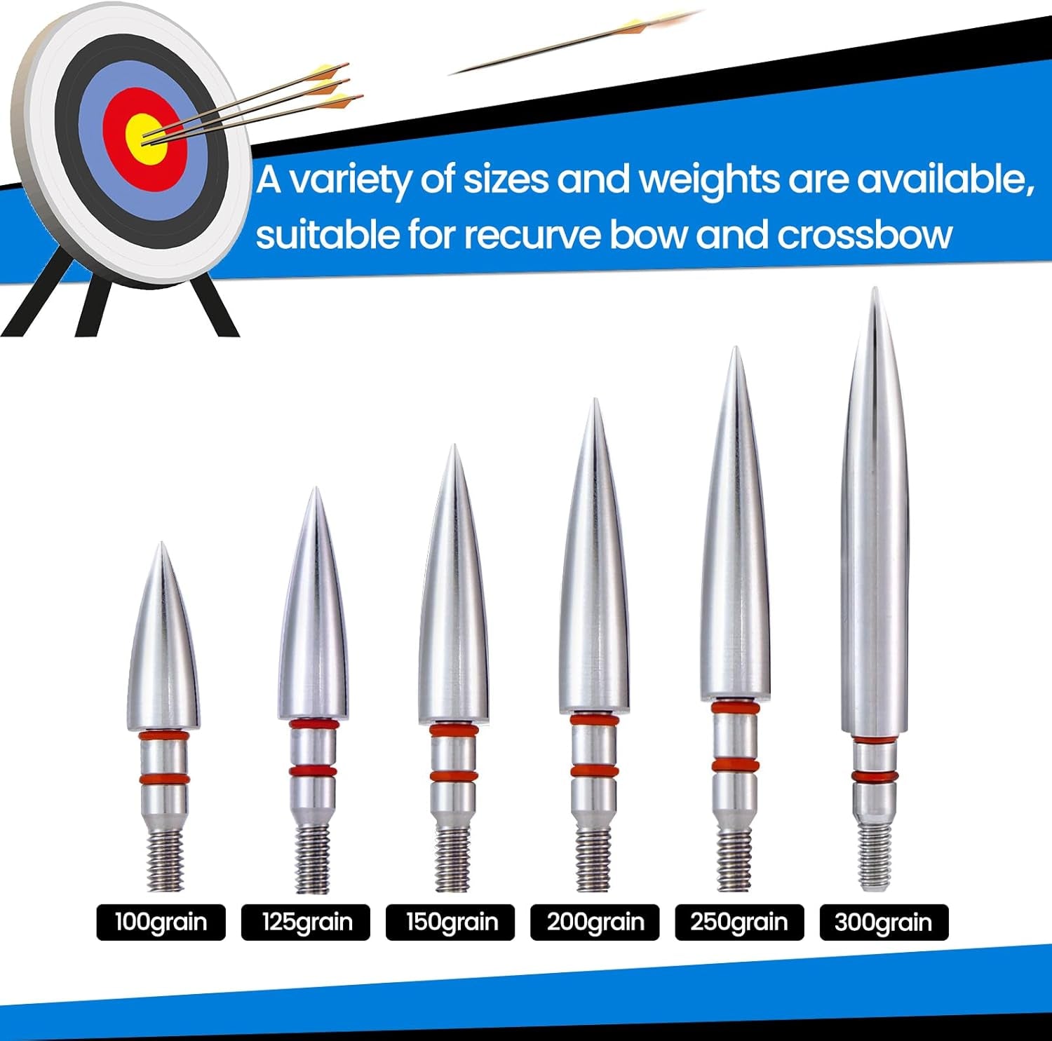 12Pcs Archery Field Points, 100/125/150/300 Grain Field Points, Screw-In Archery Field Broadheads for Recurve, Compound Bow Crossbow, Archery Target Crossbow Practice Tip