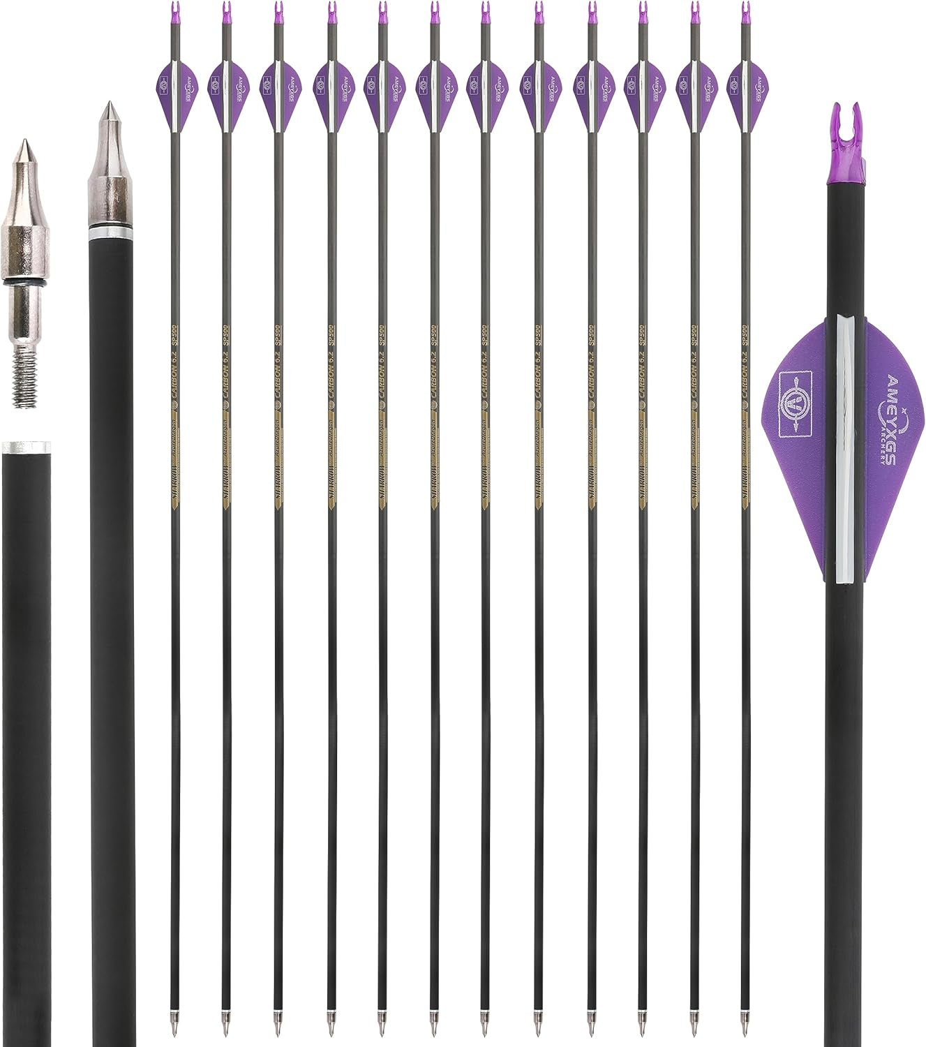 30" Pure Carbon Arrows Archery Practice Hunting Arrows Spine 300 350 400 500 600 with Removable Tips Targeting Arrows for Compound & Recurve & Long Bow 6/12Pcs