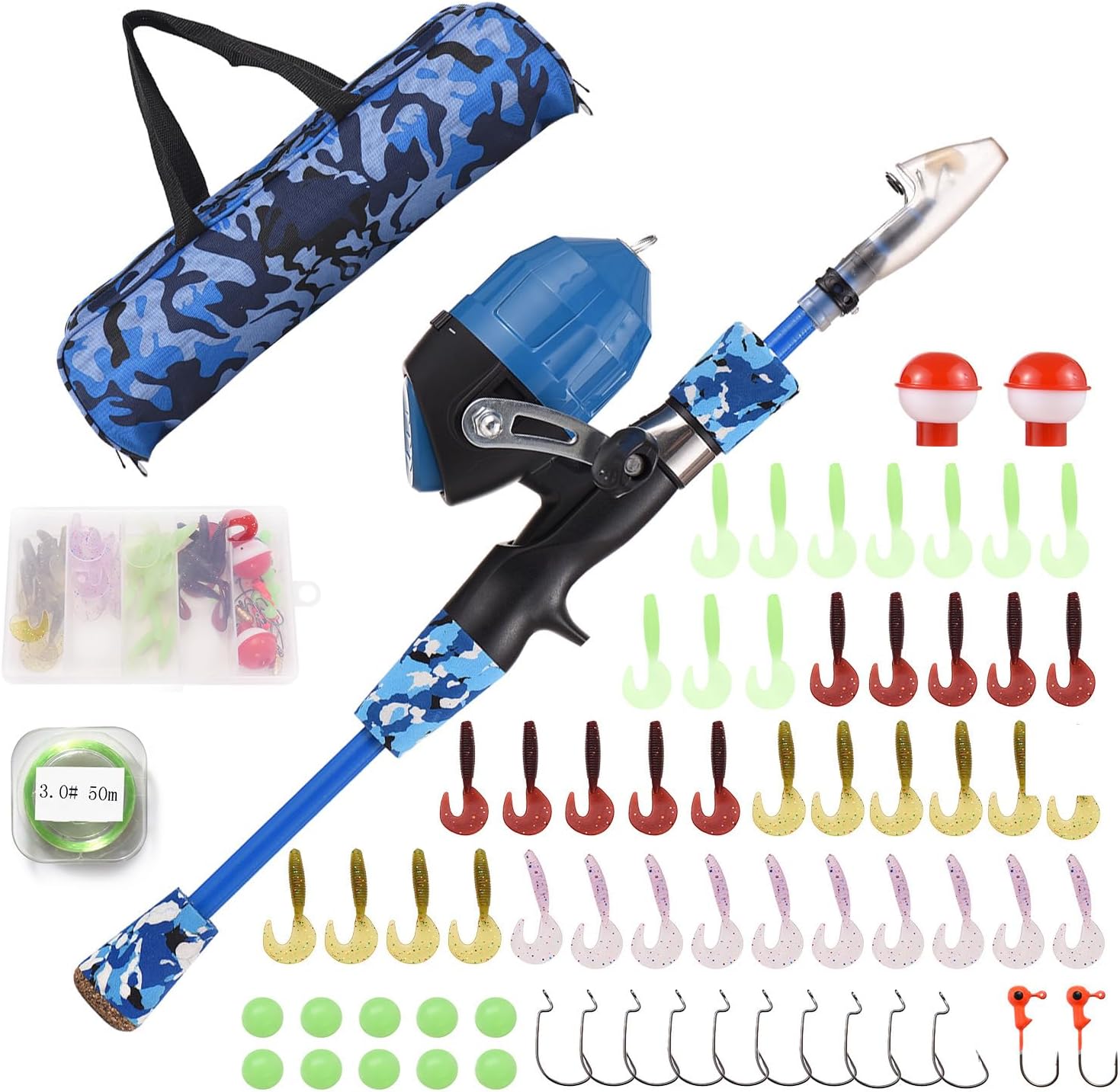 Kids Fishing Rod and Reel Combo, 47In/59Intelescopic Fishing Pole Portable Fishing Kits Lightweight with Fishing Lures Fishing Lines Fishing Hooks