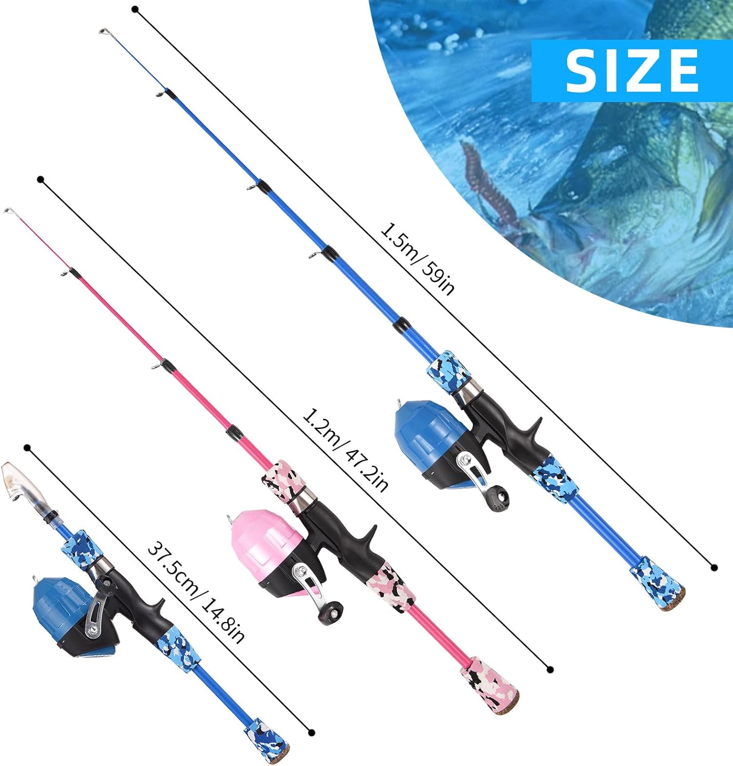 Kids Fishing Rod and Reel Combo, 47In/59Intelescopic Fishing Pole Portable Fishing Kits Lightweight with Fishing Lures Fishing Lines Fishing Hooks