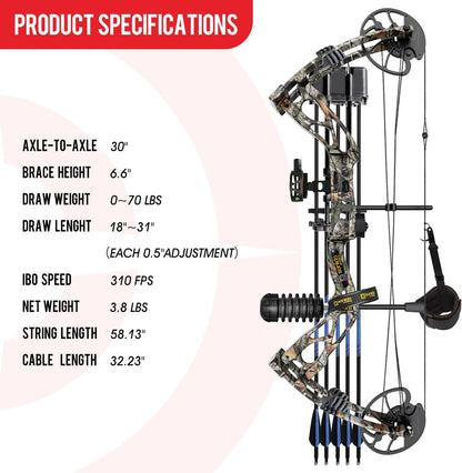 Dragonx8 Compound Bow Kit Camo and Dragon10 24Pcs Carbon Arrows（300 Spine