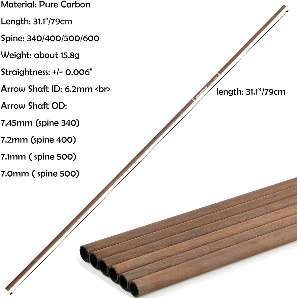 31 Inch 6.2Mm Archery Pure Carbon Hunting Arrow Shaft Tubes Spine 340 400 500 600 for DIY Hunting Arrows Bare Raw Shaft Recurve Bow Compound Bow Shooting 6/12/24Pcs