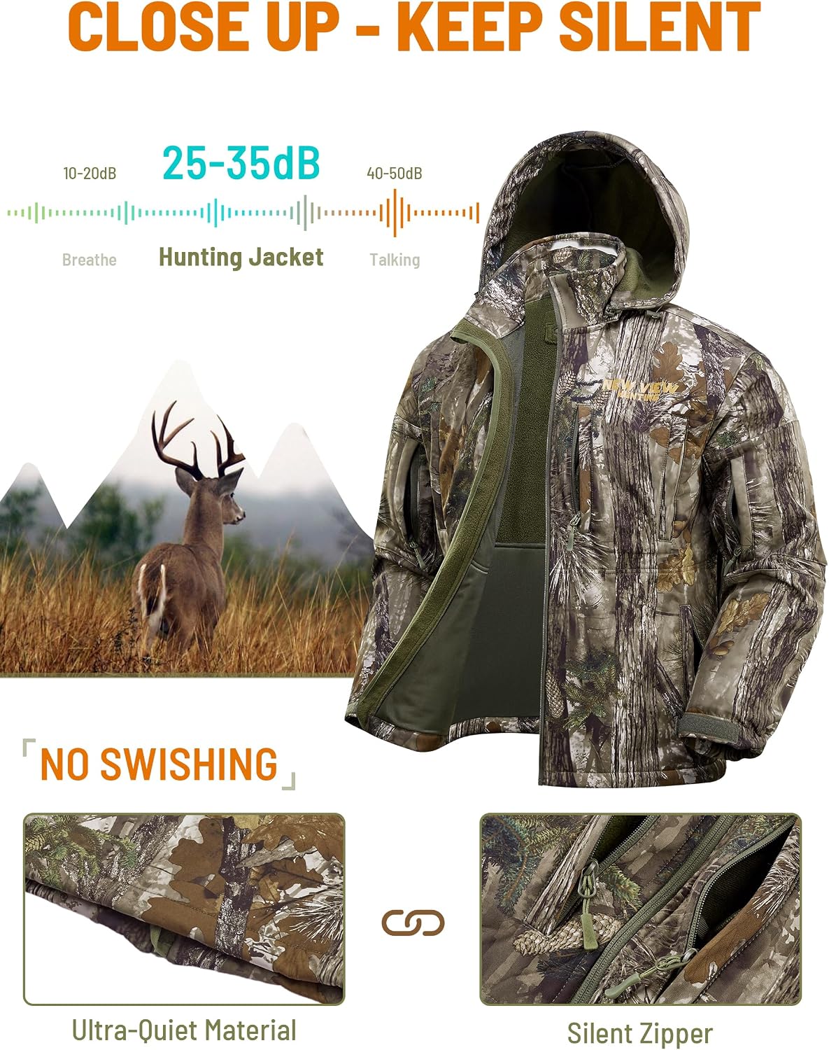 Camo Hunting Jackets for Men, Warm Fleece Lined Hunting Jacket with Hood, Quiet Water Resistant Hunting Clothes