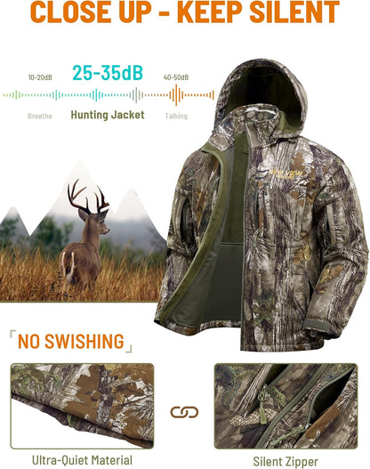 Camo Hunting Jackets for Men, Warm Fleece Lined Hunting Jacket with Hood, Quiet Water Resistant Hunting Clothes