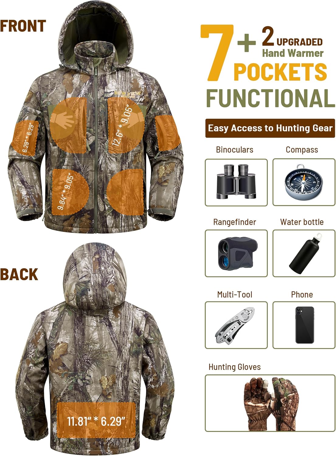 Camo Hunting Jackets for Men, Warm Fleece Lined Hunting Jacket with Hood, Quiet Water Resistant Hunting Clothes