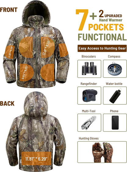 Camo Hunting Jackets for Men, Warm Fleece Lined Hunting Jacket with Hood, Quiet Water Resistant Hunting Clothes