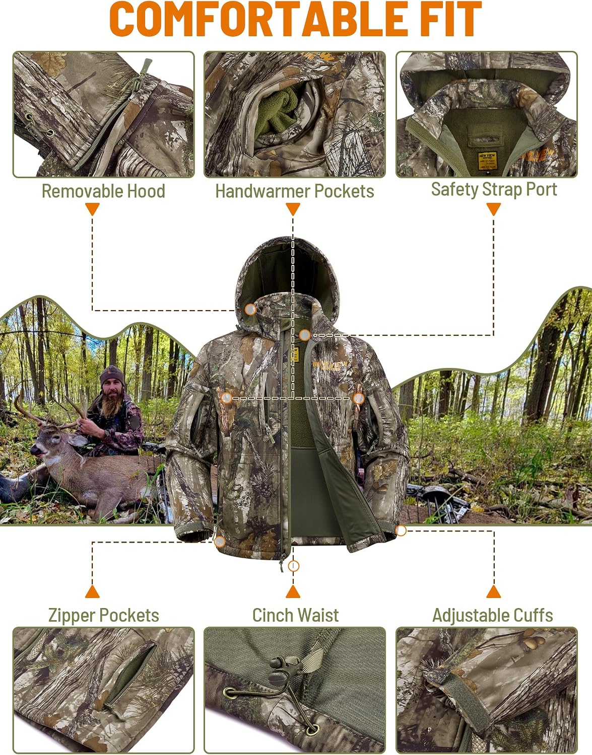 Camo Hunting Jackets for Men, Warm Fleece Lined Hunting Jacket with Hood, Quiet Water Resistant Hunting Clothes