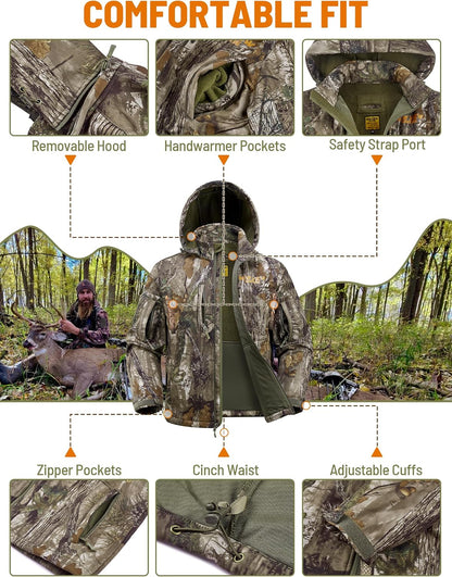 Camo Hunting Jackets for Men, Warm Fleece Lined Hunting Jacket with Hood, Quiet Water Resistant Hunting Clothes