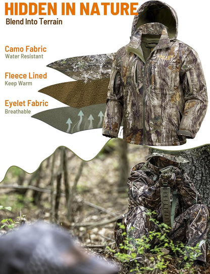 Camo Hunting Jackets for Men, Warm Fleece Lined Hunting Jacket with Hood, Quiet Water Resistant Hunting Clothes