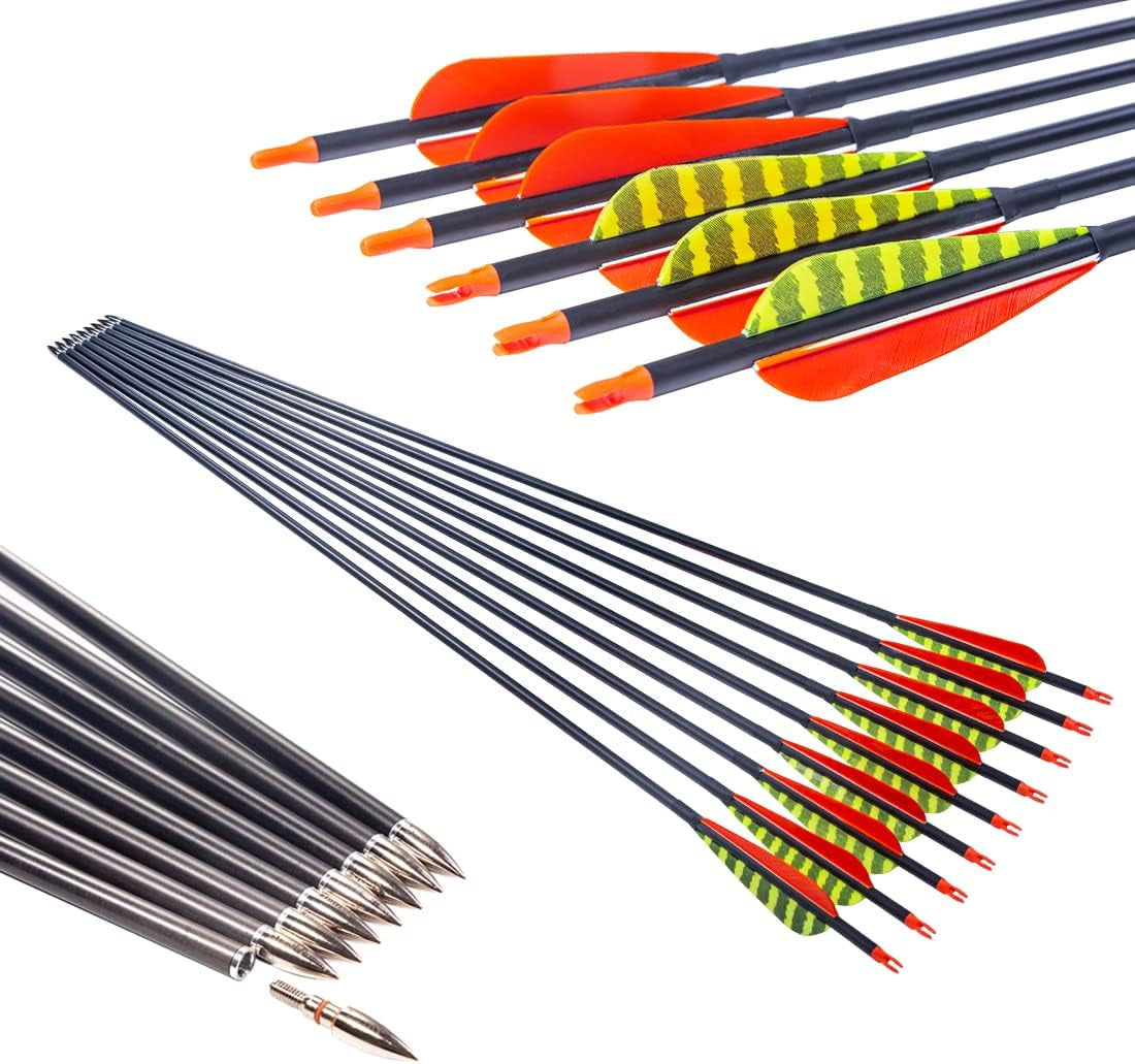 Traditional Archery 300 340 400 500 600 700 Spine 30 31 32 Inch Carbon Feather Arrows for Recurve Compound Bow Longbow Hunting Targets Arrow 12PCS