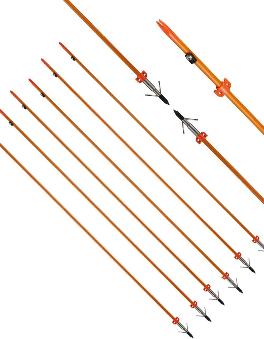 34Inch 8MM Bow Fishing Hunting Arrows Archery Fiberglass Arrows with Safety Slides Pack of 6 Arrows ID 5/16 Inch Safety Slides Kits