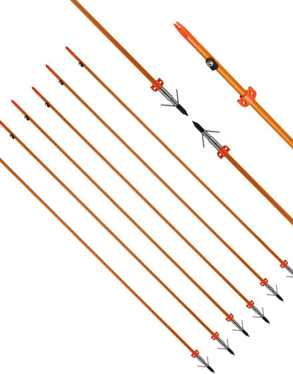 34Inch 8MM Bow Fishing Hunting Arrows Archery Fiberglass Arrows with Safety Slides Pack of 6 Arrows ID 5/16 Inch Safety Slides Kits
