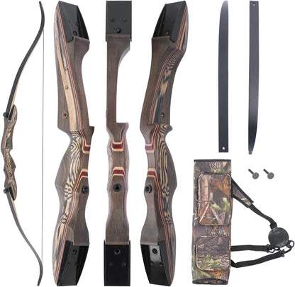 Recurved Wooden Takedown Archery Bow 62" Hunting Bow - Arrows Quiver Bag and Bow Stringer Tool Included - Right & Left-Handed 25-55 LBS Draw Weight
