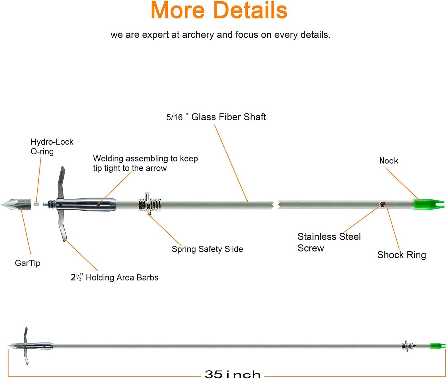 Bowfishing Head Carbon/Glass-Fiber Arrow Shafts 2 Mechanical Barbs 2.5" Holding Area Archery Broadhead Fits 5/16" Fiberglass Arrow Shaft 3/6 PK
