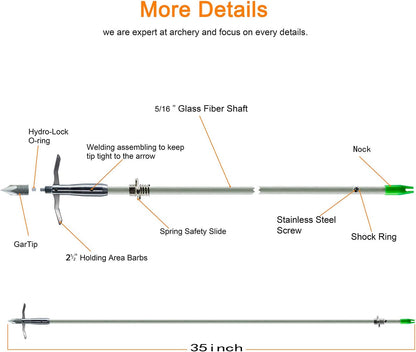 Bowfishing Head Carbon/Glass-Fiber Arrow Shafts 2 Mechanical Barbs 2.5" Holding Area Archery Broadhead Fits 5/16" Fiberglass Arrow Shaft 3/6 PK
