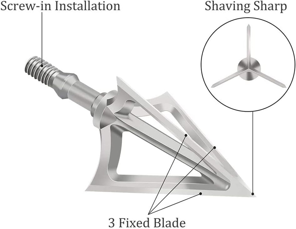 6PK Hunting Broadheads,100 Grain Stainless Steel Fixed Blade 1-1/8" Cut Premium Solid Arrow Tip Archery Arrowhead for Crossbow and Compound Bow