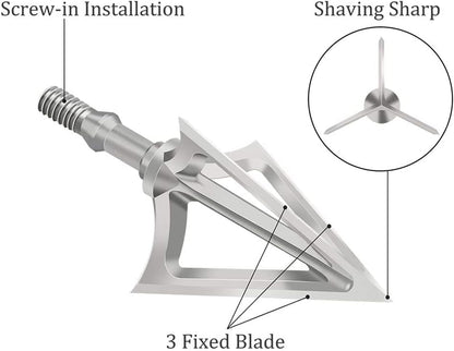 6PK Hunting Broadheads,100 Grain Stainless Steel Fixed Blade 1-1/8" Cut Premium Solid Arrow Tip Archery Arrowhead for Crossbow and Compound Bow