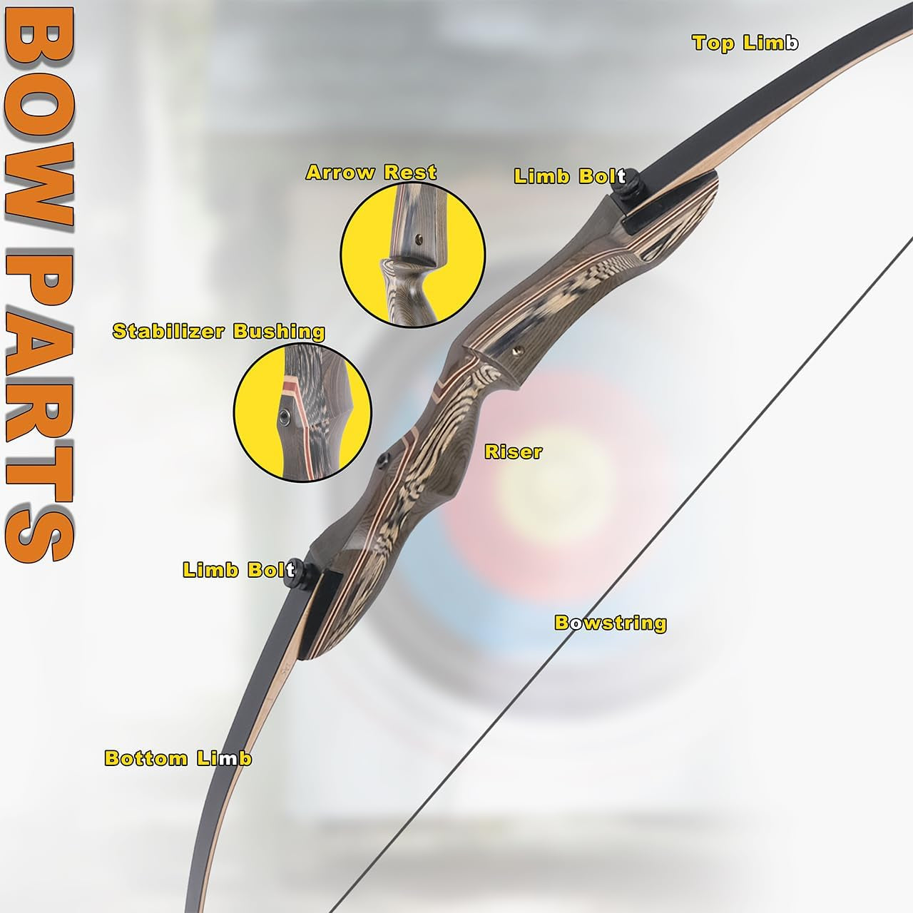 Recurved Wooden Takedown Archery Bow 62" Hunting Bow - Arrows Quiver Bag and Bow Stringer Tool Included - Right & Left-Handed 25-55 LBS Draw Weight