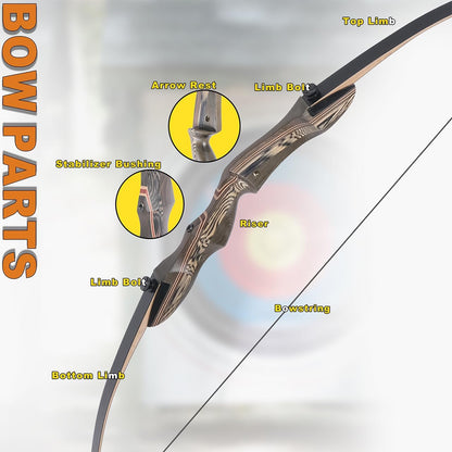 Recurved Wooden Takedown Archery Bow 62" Hunting Bow - Arrows Quiver Bag and Bow Stringer Tool Included - Right & Left-Handed 25-55 LBS Draw Weight