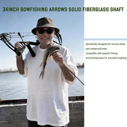 Archery Bowfishing Arrows Hunting 34Inch Solid Fiberglass Arrows with Broadhead for Compound Bow and Recurve Bow 6Pcs