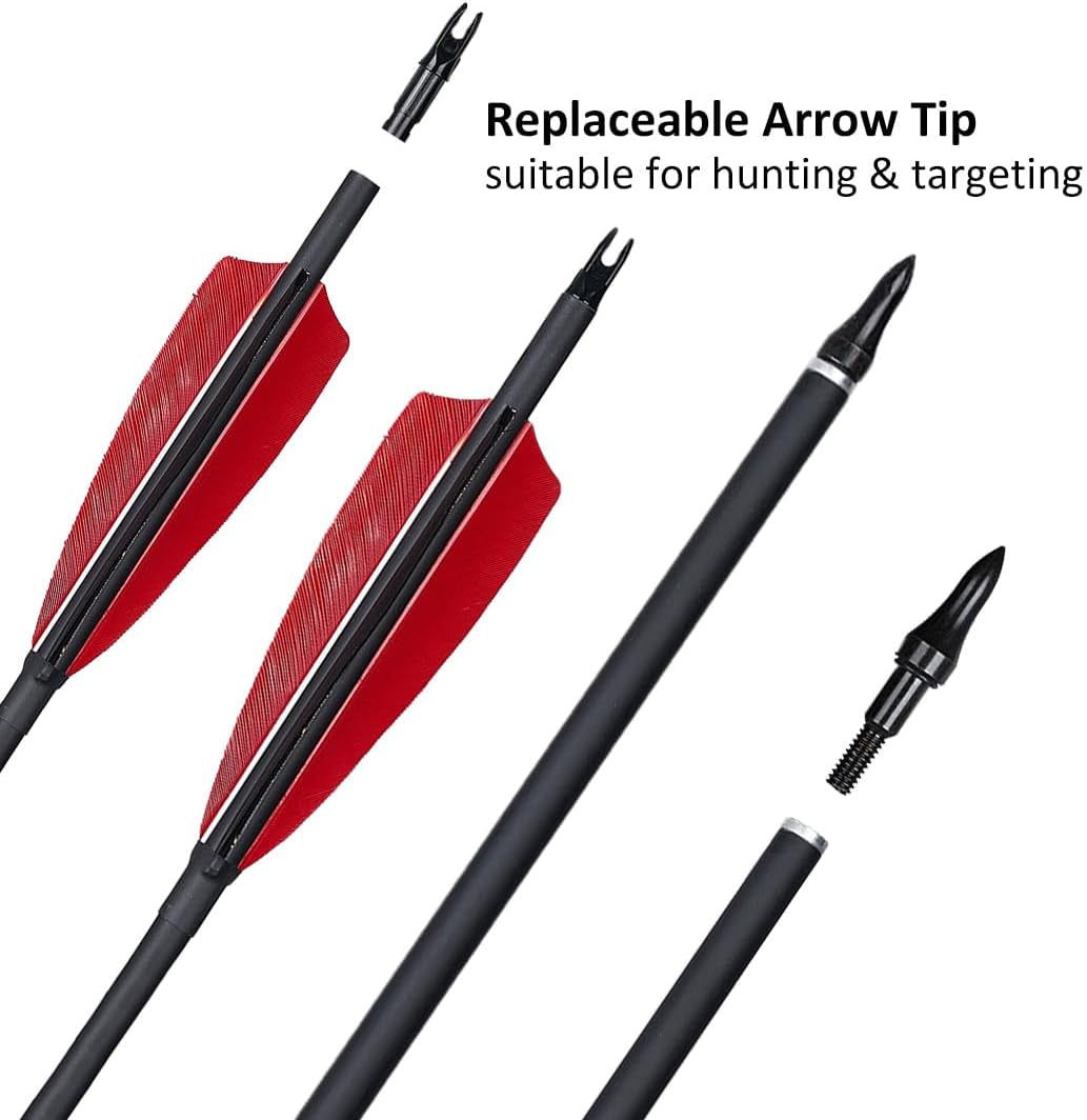12 Pcs Archery Arrows with Feathers Removable Tips 30Inch Hunting Arrows for Recurve Bow Longbow Compound Bow for Adults Targeting Practice
