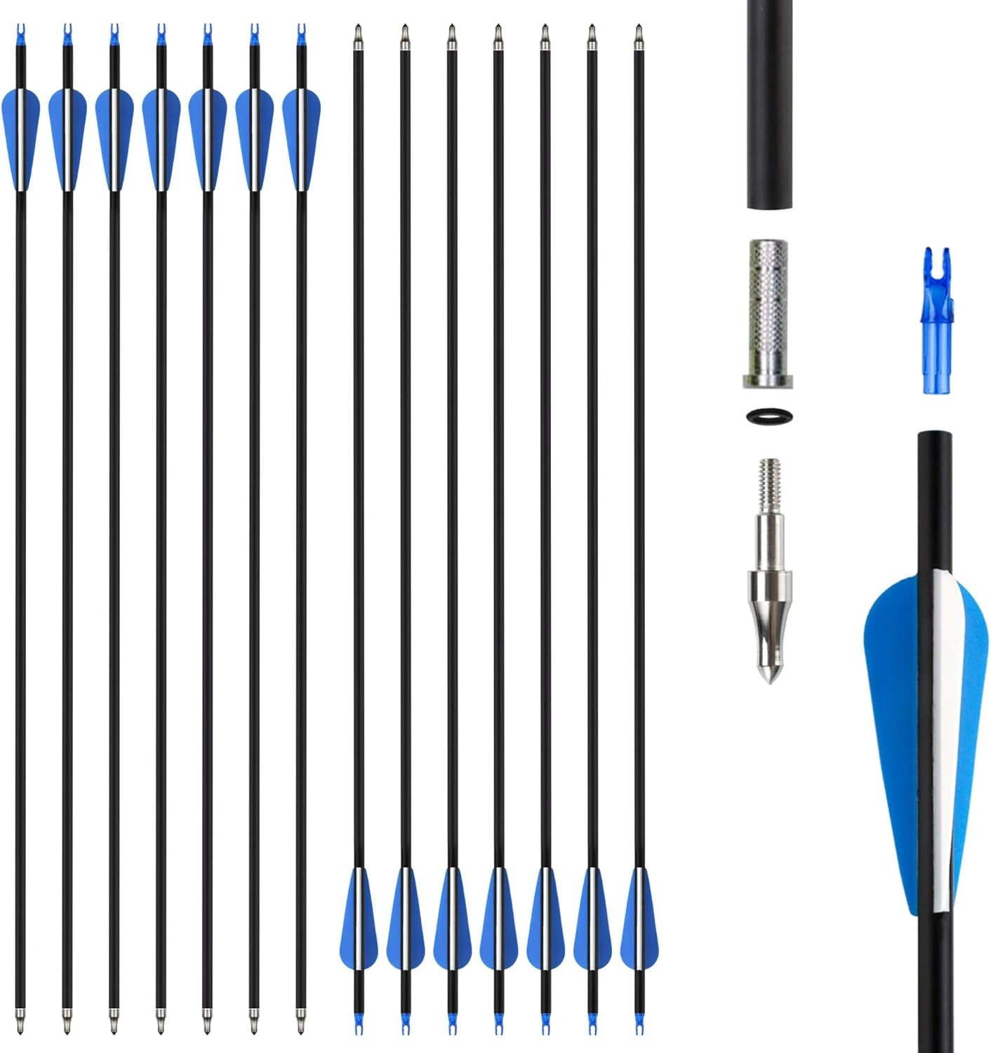 14/24 Pcs 30" Carbon Archery Arrows, Spine Matched for Hunting & Target Practice with Compound & Recurve Bows, Durable Carbon Shaft and Removable Tips