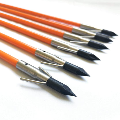 34Inch 8MM Bow Fishing Hunting Arrows Archery Fiberglass Arrows with Safety Slides Pack of 6 Arrows ID 5/16 Inch Safety Slides Kits