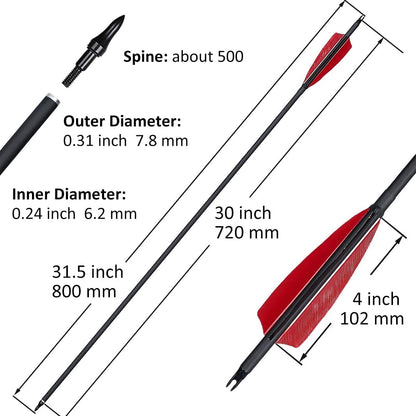 12 Pcs Archery Arrows with Feathers Removable Tips 30Inch Hunting Arrows for Recurve Bow Longbow Compound Bow for Adults Targeting Practice