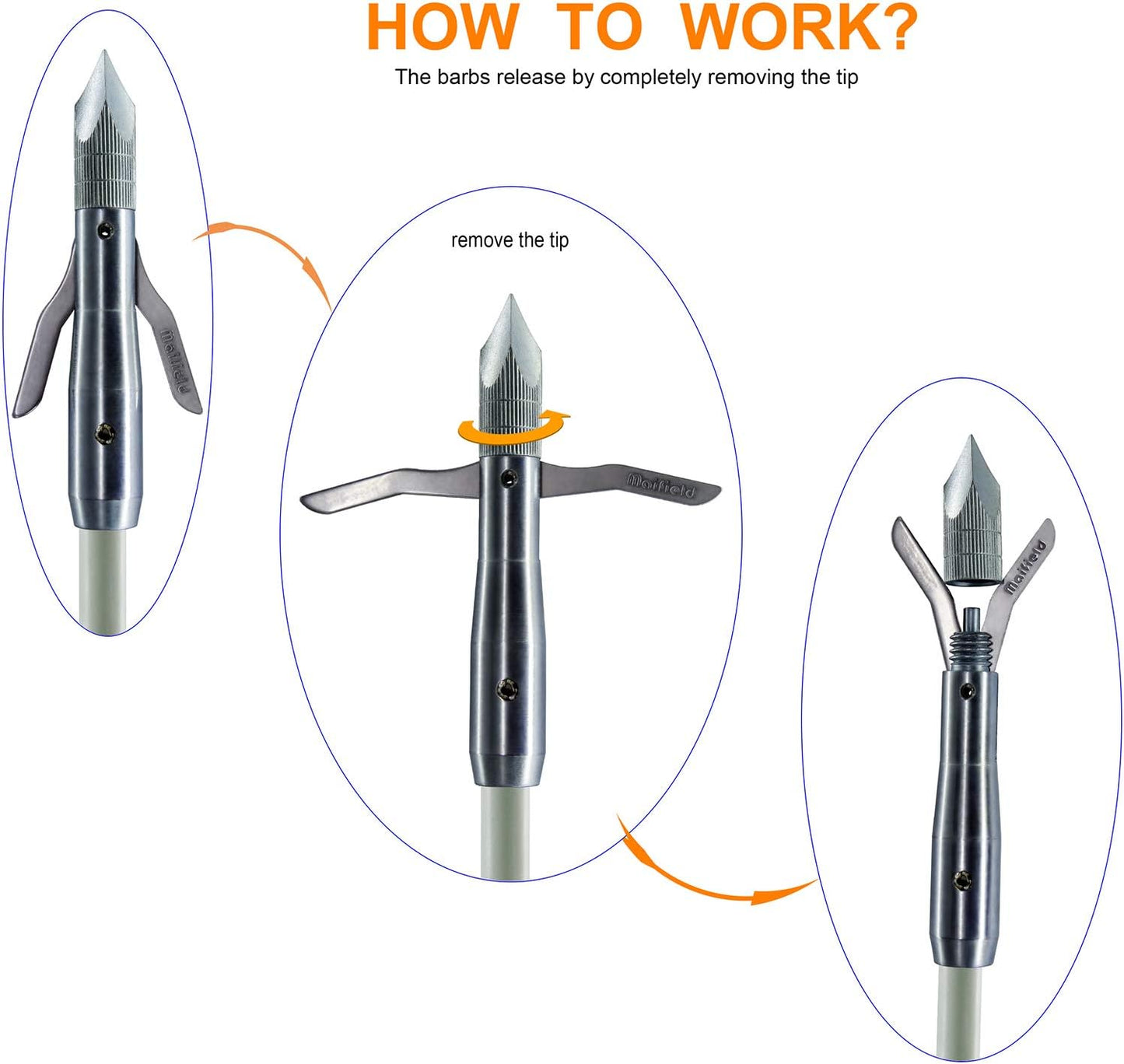 Bowfishing Head Carbon/Glass-Fiber Arrow Shafts 2 Mechanical Barbs 2.5" Holding Area Archery Broadhead Fits 5/16" Fiberglass Arrow Shaft 3/6 PK