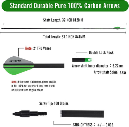32" Carbon Arrows Archery Target Practice Hunting Arrows with Shaft Spine 400 with Removable Tips for Compound & Recurve Bow (Pack of 12)