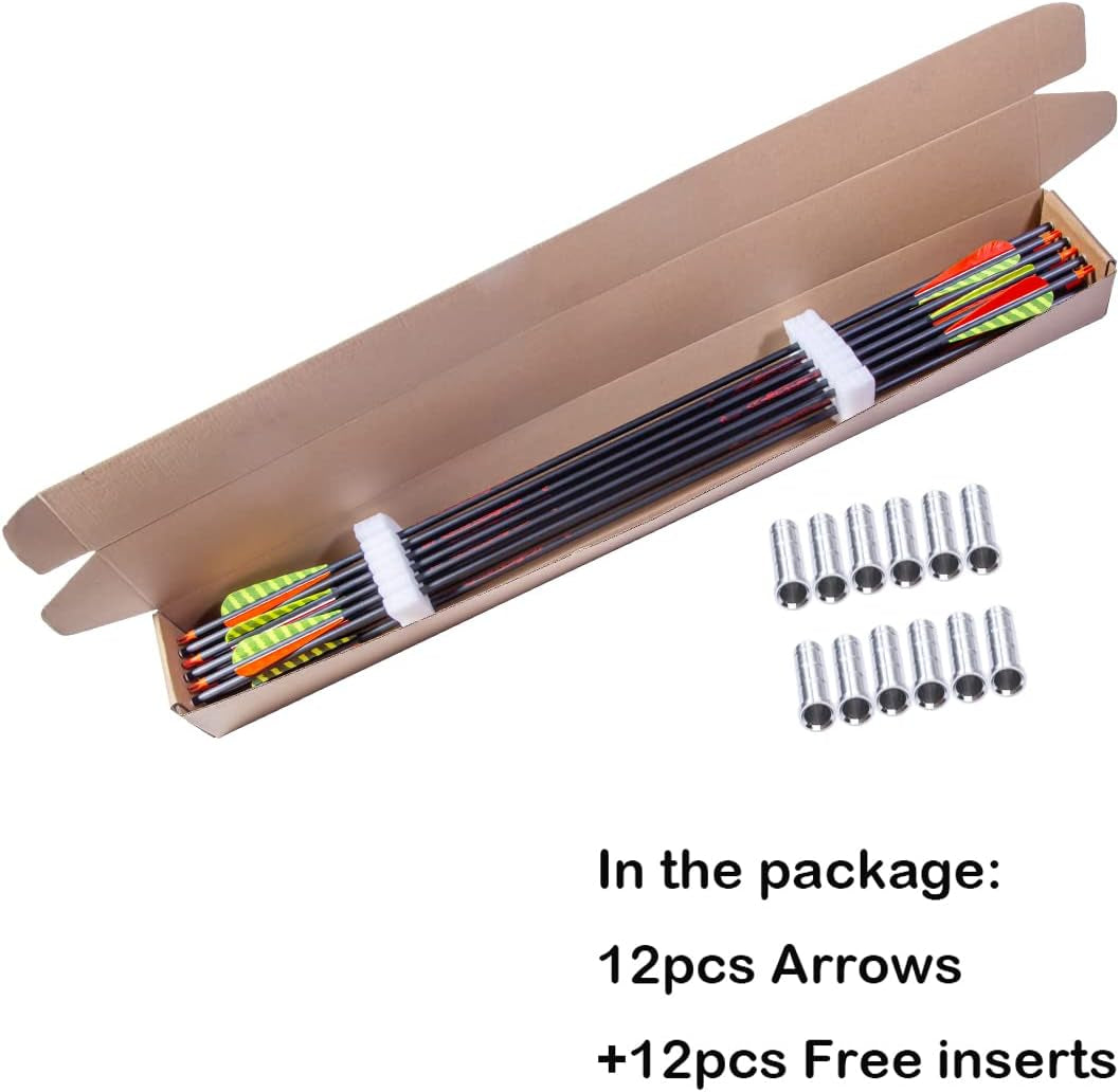 Traditional Archery 300 340 400 500 600 700 Spine 30 31 32 Inch Carbon Feather Arrows for Recurve Compound Bow Longbow Hunting Targets Arrow 12PCS